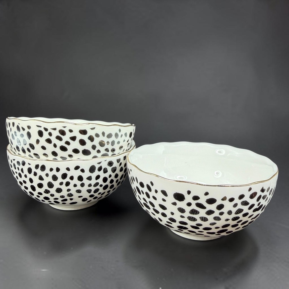 Mary Square Dalmatian Dot Ceramic Bowls Gold Rim Scalloped Set of 3 Black‎ White
